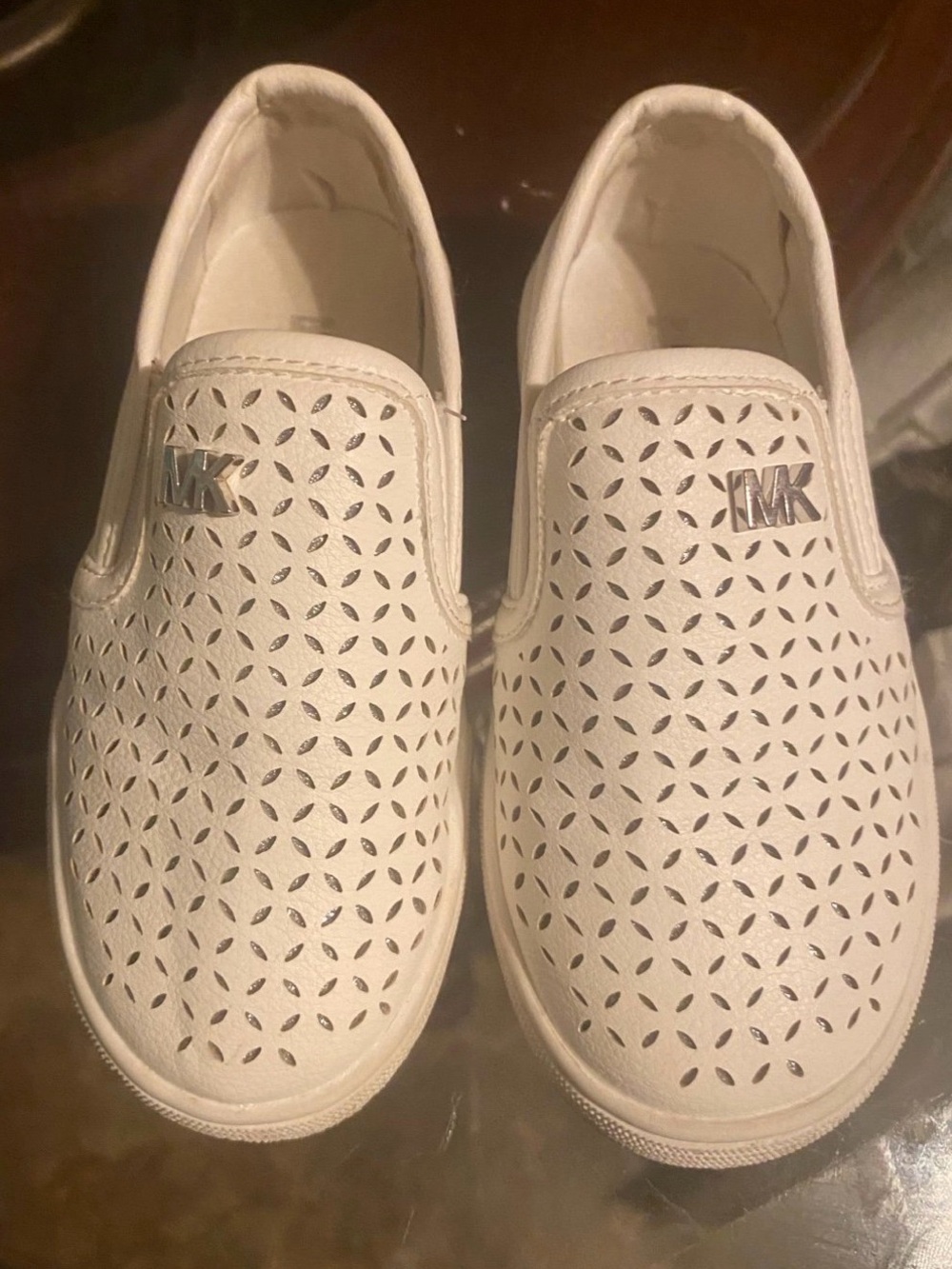 Michael Kors Kids White Perforated Slip-On Sneakers with Silver MK Accent